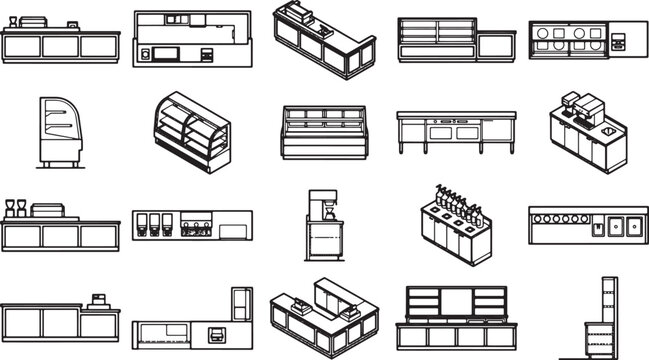 Illustration of commercial kitchen equipment, providing a comprehensive overview of essential components. From stoves to freezers, showcasing various elements in a minimalist black and white design.