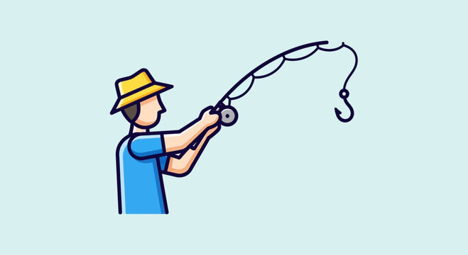 Fisherman in hat casting fishing rod with hook on blue background, cartoon style