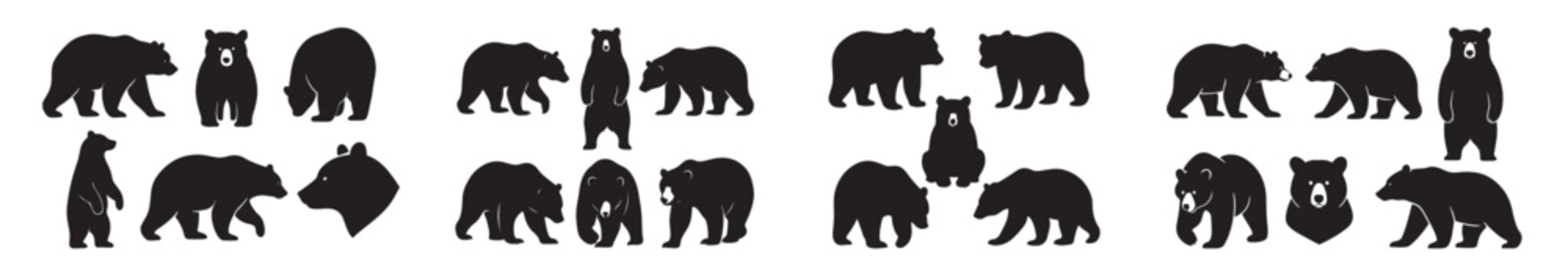 Set of wild bear silhouettes in various poses isolated on white background. Grizzly or brown bear shapes