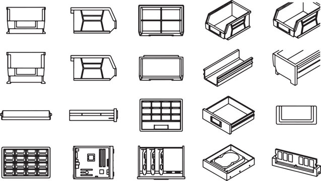 A collection of various computer components, including trays, brackets, and casings, arranged in an organized array, highlighting the diversity and functionality of internal PC hardware.