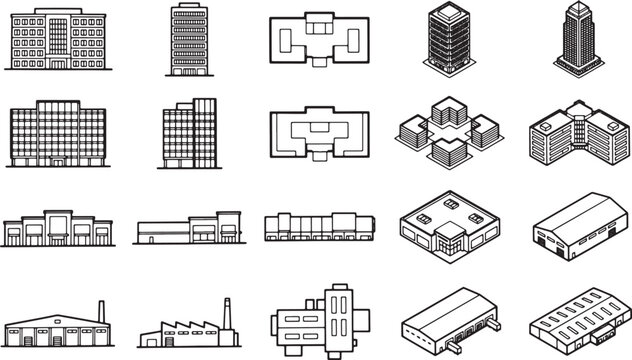 Architectural line art showcases a collection of diverse building designs, encompassing skyscrapers and industrial complexes, highlighting form and function.