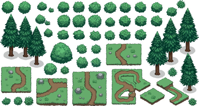 Pixel art forest environment game assets, retro 8-bit nature landscape elements, collection of green trees bushes and dirt path tiles for game design