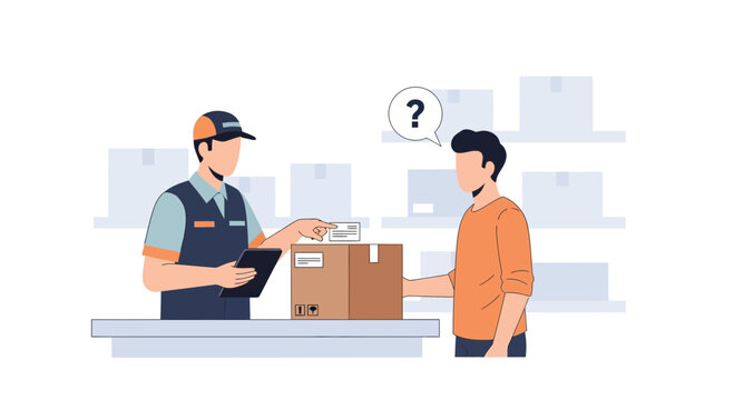 Delivery man with package and customer looking confused with question mark