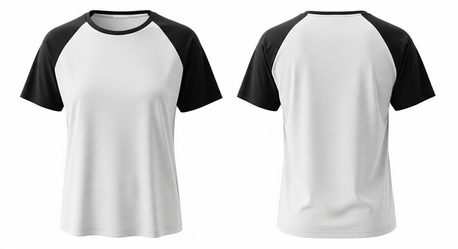 Front and back view of a classic black and white raglan sleeve t-shirt isolated on a white background