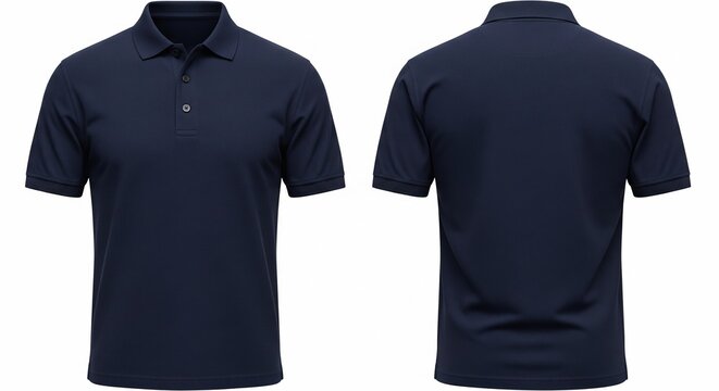 Front and back view of a classic navy blue polo shirt short sleeves collar button placket