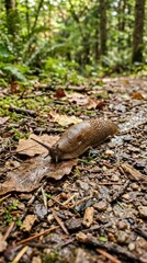 Obraz premium Close up of a slug moving on forest floor path