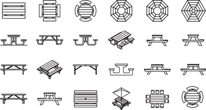 Collection of various picnic tables and benches. The array showcases multiple designs for outdoor seating, perfect for creating inviting spaces for dining or relaxation. 