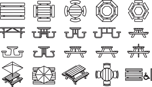 Collection of various picnic tables in different designs, Perfect for landscape design and outdoor scenes. 