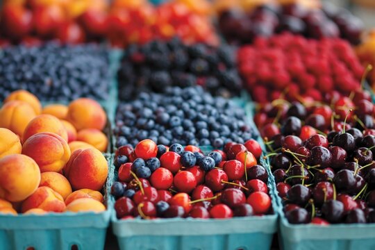 Fresh organic assorted berries and apricots in baskets at farmer market
