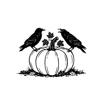 Two black crows perched on a white pumpkin with autumn leaves