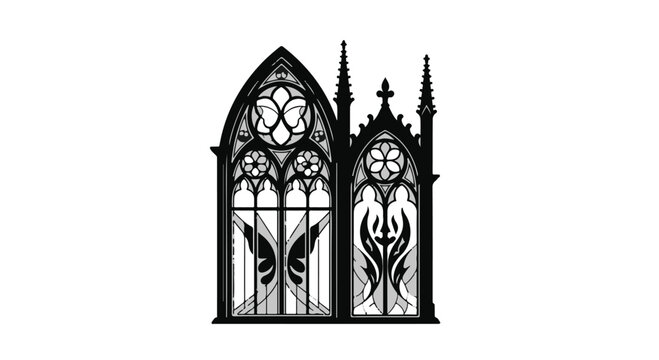 Gothic window frame features intricate stone tracery and elegant pointed arch designs.