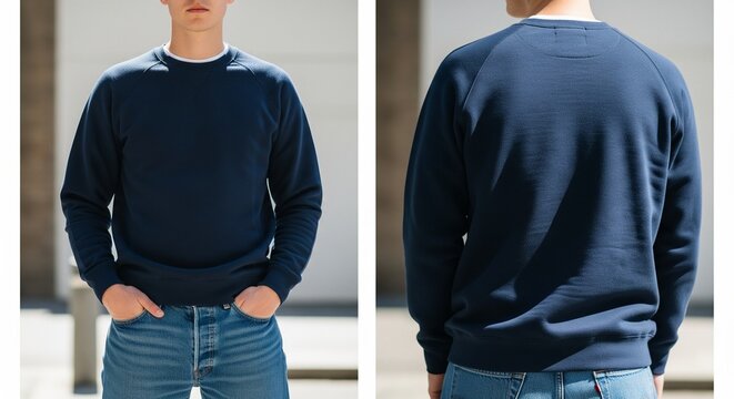 Front and back view of a man wearing a classic navy blue crew neck raglan sleeve sweatshirt and denim jeans