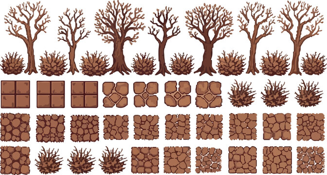 Hand-drawn game environment assets, winter bare trees and bushes vector set, brown stone ground textures and rocky tiles for level design