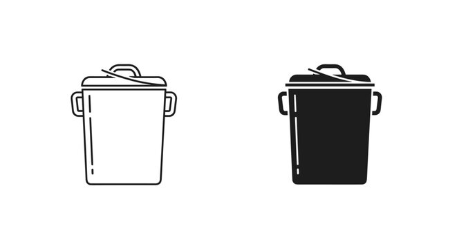 Minimalist trash can icons, black and white garbage bin vector set, waste basket line art and solid silhouette for waste management UI design