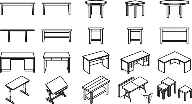 Elegant collection of a table that come in different shapes and designs. Clean and professional outline for design-focused projects.