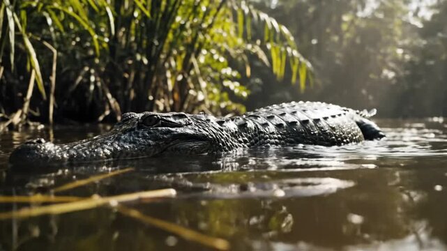 Low angle of a large alligator swimming in murky river water with lush green foliage and sunlight in background.