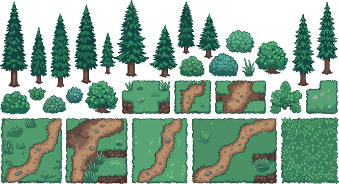 Pixel art forest environment tileset, retro 8-bit game assets with pine trees and bushes, green grass landscape map elements for game design