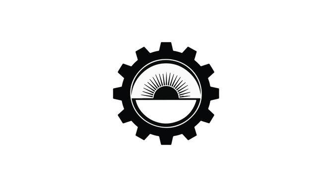 Gear silhouette framing a rising sun signifies industrial progress and new beginnings.