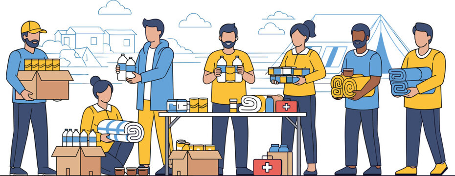 Volunteers organizing relief supplies and emergency aid flat vector illustration for charity and disaster support