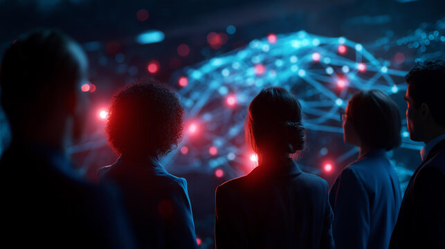 Cybersecurity team silhouettes facing glowing network diagram with threat maps and clustered red breach markers in a dark operations room monitoring an urgent incident