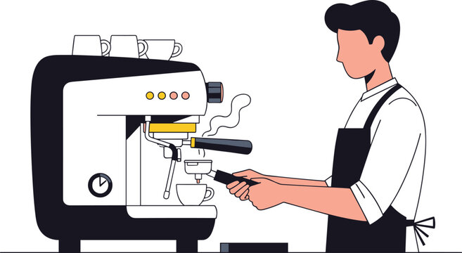 Male barista making coffee with espresso machine flat vector illustration for cafe service and beverage business