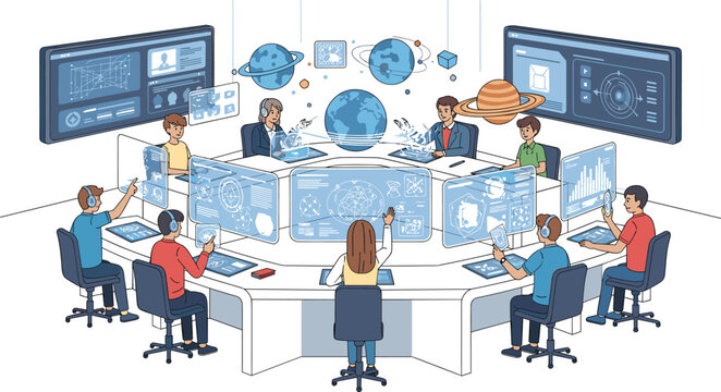 Team working in futuristic control room with digital screens and global technology network flat vector illustration