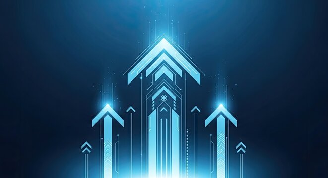 Dynamic technological abstract design featuring ascending arrows, light streaks, a futuristic gradient with glowing effects in an upward composition