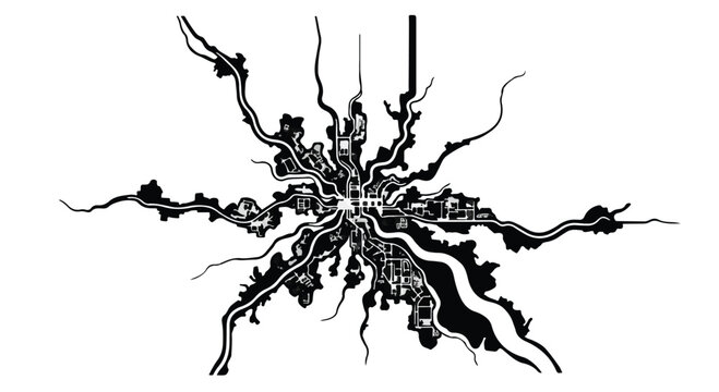 City map illustration depicts a complex urban sprawl with branching road networks.