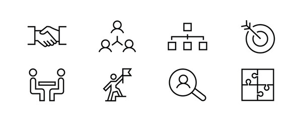 Fototapeta premium Team Work Icons.Collaboration, Research, Meeting business, working, management Business people, human resources, Employees icon vector symbol logo illustration line editable stroke isolated on white