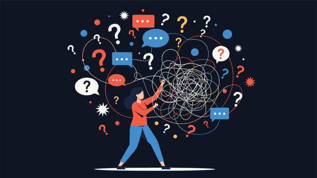 Young woman looks overwhelmed as she stands amidst a chaotic tangle of lines, question marks, and speech bubbles depicting mental stress.