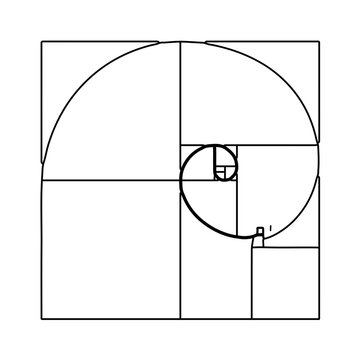 icon designed using the Golden Ratio and Fibonacci spiral principles. This black and white vector features perfect geometric circles and precise mathematical proportions, symbolizing growth, harmony