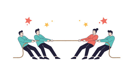 Obraz premium Group of people playing a competitive tug of war game with stars above them to show teamwork and struggle.