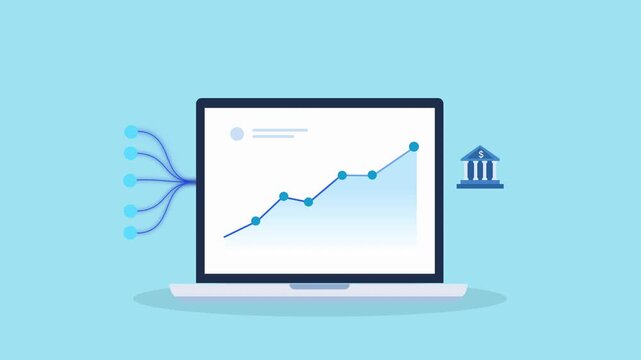 Animated business financial analytics dashboard on a laptop with banking icon, representing finance, investment growth, financial technology, and data-driven business performance.