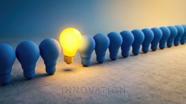 A single glowing yellow light bulb floating above a row of identical blue light bulbs on a textured concrete surface representing innovation