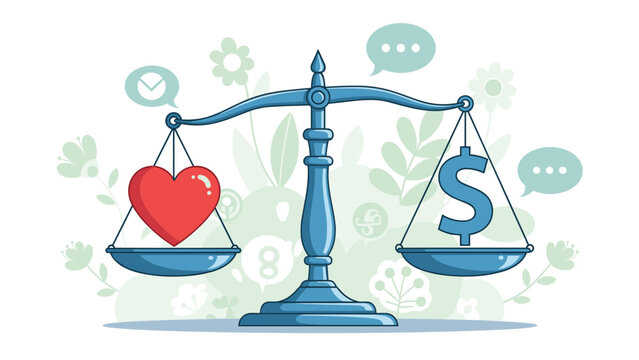 Traditional scale balances a red heart and a blue dollar sign in front of a soft botanical background for life and financial harmony.