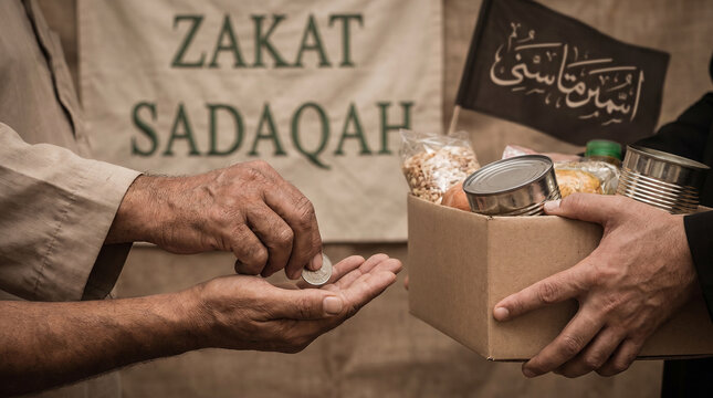 Donating Zakat and Sadaqah for charity, emphasizing the importance of giving to the needy and the community
