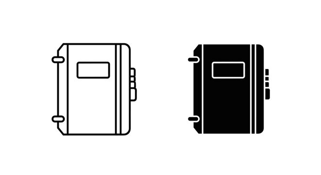 Minimalist notebook icon set, black and white diary vector symbols, locked journal illustrations for personal privacy and creative writing apps