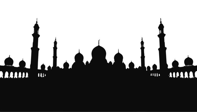 Mosque complex architectural outline creates a grand and imposing silhouette, featuring intricate dome structures and tall minarets designed for use in cultural or religious event graphic layouts.