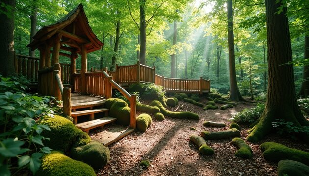 Wooden playground nestled in sunlit forest. Natural structures with wooden bridges, decks, and logs invite kids to explore. Green moss covers forest floor and rocks creating fairy tale scene.