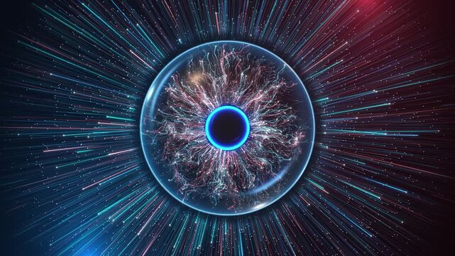 Mechanical cyber eye with rotating HUD rings scanning futuristic interface. Cyber eye technology science Hud elements Animation. vision futuristic Iris optics. Abstract intro. advanced technology