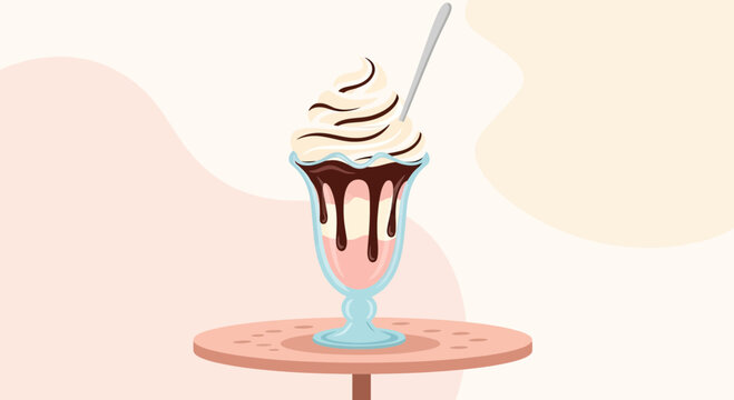 Delicious Ice Cream Sundae with Chocolate Syrup in a Glass on a Table