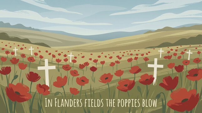 A Remembrance Day illustration depicts a field of poppies with white crosses, symbolizing fallen soldiers, with the poignant words "In Flanders Fields the poppies blow" inscribed below