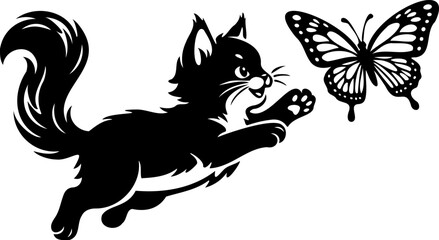 Obraz premium Cute Kitten and Butterfly Silhouette Vector