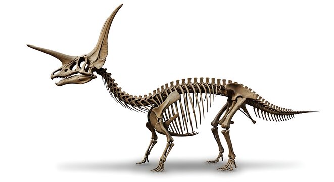 Detailed skeleton of a horned dinosaur, possibly a Triceratops, displayed on a white background.