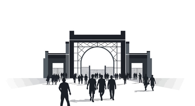 People walking through large archway entrance.