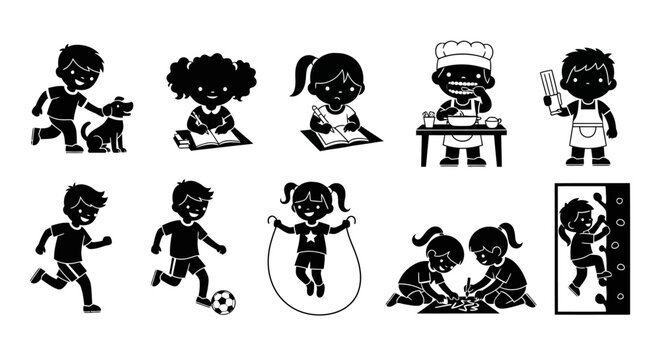 Children Silhouette Icons for Various Activities and Hobbies
