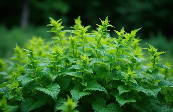 Green dioecious nettle plants grow wild in a meadow. This fresh flora features jagged leaves and tall stalks. Nettle is a common plant used in food and medicine.