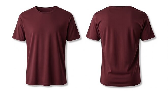 Front and back view of a plain short-sleeved crew neck t-shirt in a deep burgundy color isolated