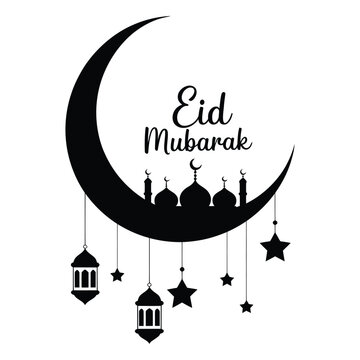 Eid Mubarak crescent moon with hanging lanterns and stars decorative element, Islamic holiday greeting banner.