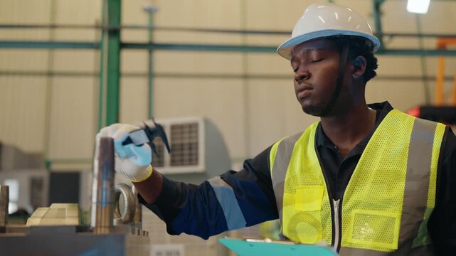 Industrial Precision: A focused engineer, equipped with protective gear, meticulously inspects machinery, embodying expertise and diligence within a modern industrial setting.